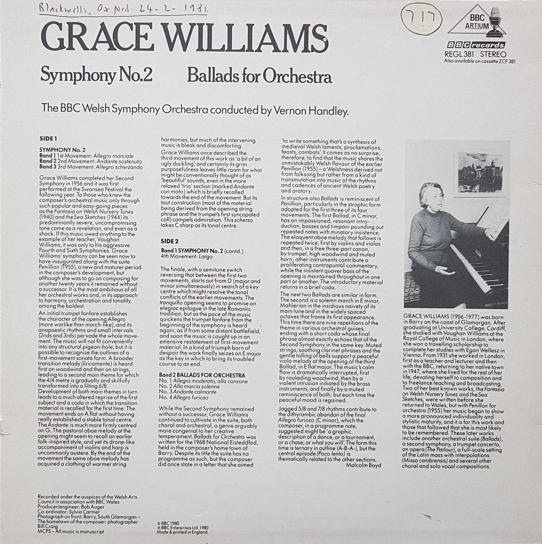 Picture of REGL 381 Grace Williams: Symphony No.2 by artist Grace Williams from the BBC records and Tapes library